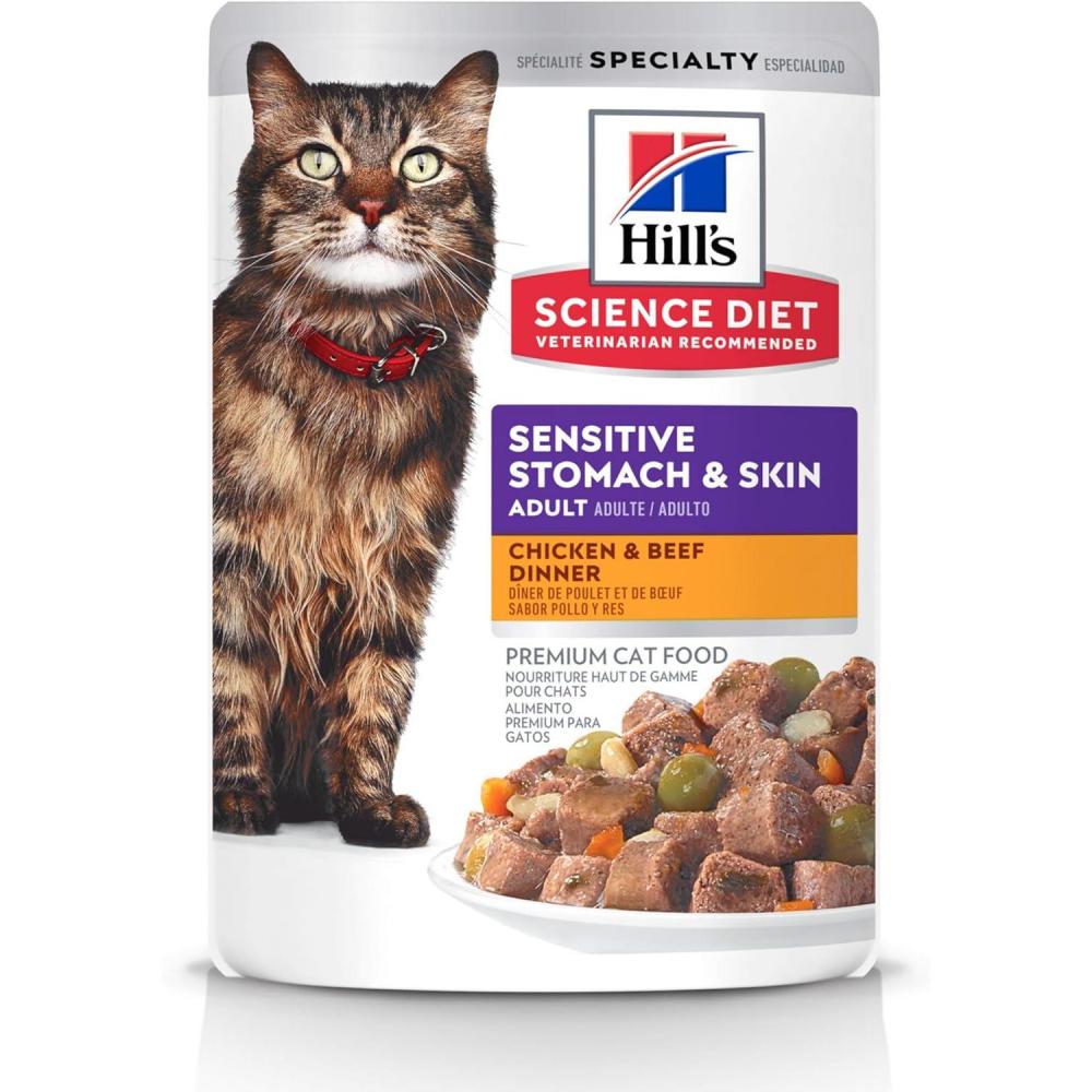 imageHills Science Diet Sensitive Stomach amp Skin Adult 16 Stomach amp Skin Sensitivity Support Wet Cat Food Chicken amp Beef Stew 28 oz Pouch Case of 24Chicken Beef Stew
