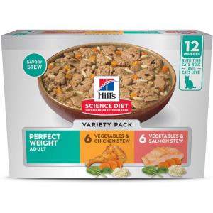 Hill’s Science Diet Perfect Weight, Adult 1-6, Weight Management Support, Wet Cat Food, Chicken & Vegetables Stew, 2.8 oz Pouch, Case of 24(Variety Pack: Chicken & Vegetables  Salmon & Vegetables Stew)