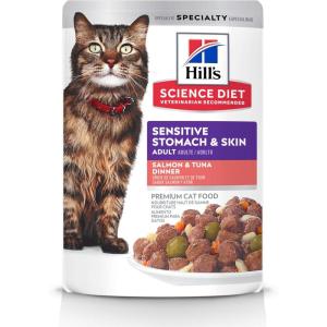 Hill’s Science Diet Sensitive Stomach & Skin, Adult 1-6, Stomach & Skin Sensitivity Support, Wet Cat Food, Chicken & Beef Stew, 2.8 oz Pouch, Case of 24(Salmon & Tuna Stew)