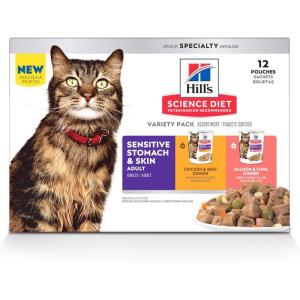 Hill’s Science Diet Sensitive Stomach & Skin, Adult 1-6, Stomach & Skin Sensitivity Support, Wet Cat Food, Chicken & Beef Stew, 2.8 oz Pouch, Case of 24(Variety Pack: Chicken & Beef; Salmon & Tuna Stew)