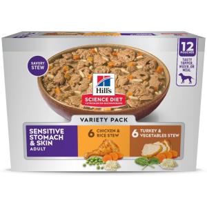 Hill’s Science Diet Sensitive Stomach & Skin, Adult 1-6, Stomach & Skin Sensitivity Support, Wet Dog Food, Turkey & Vegetables Stew, 2.8 oz Pouch, Case of 24(Variety Pack: Chicken  Turkey Stew)