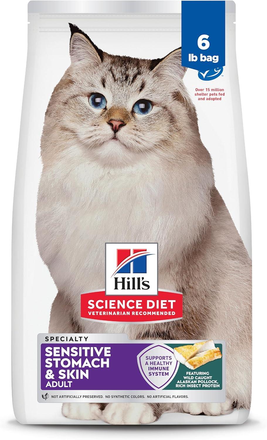 imageHills Science Diet Sensitive Stomach amp Skin Adult 16 Stomach amp Skin Sensitivity Support Dry Cat Food Chicken amp Rice 155 lb BagPollock Barley