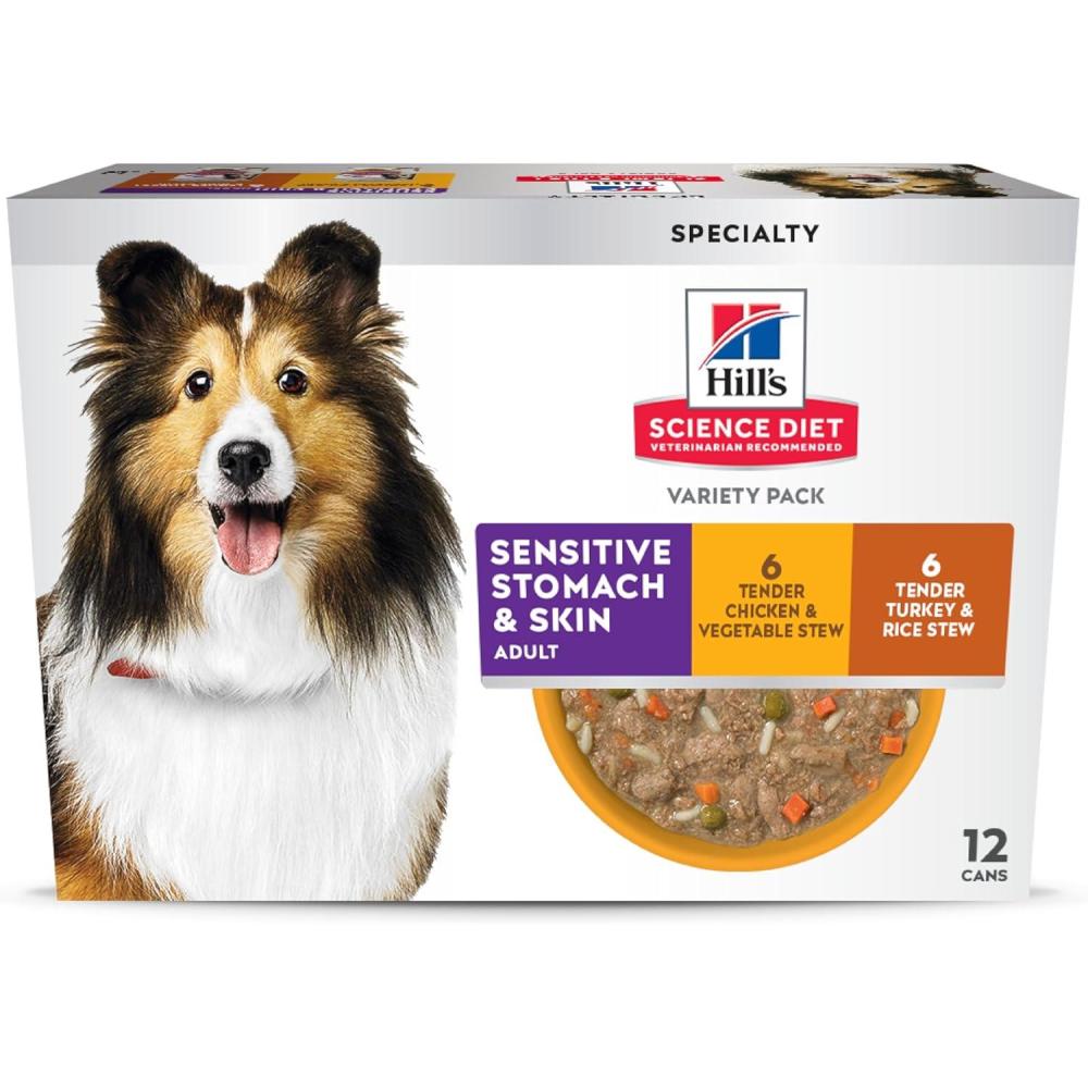 imageHills Science Diet Sensitive Stomach amp Skin Adult 16 Stomach amp Skin Sensitivity support Wet Dog Food Turkey amp Rice Stew 125 oz Can Case of 12Variety Pack Chicken  Turkey Stew