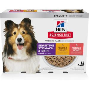 Hill’s Science Diet Sensitive Stomach & Skin, Adult 1-6, Stomach & Skin Sensitivity support, Wet Dog Food, Turkey & Rice Stew, 12.5 oz Can, Case of 12(Variety Pack: Chicken & Vegetables; Salmon & Vegetables Loaf)