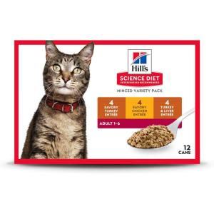 Hill’s Science Diet Adult 1-6, Adult 1-6 Premium Nutrition, Wet Cat Food, Chicken Stew, 5.5 oz Can, Case of 24(Variety Pack: Turkey; Chicken; Turkey & Liver Minced)