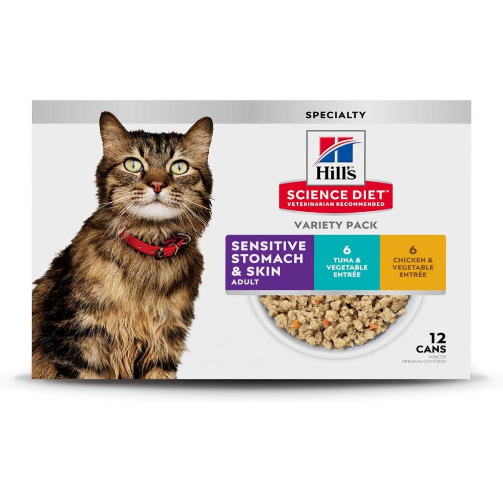 imageHills Science Diet Sensitive Stomach amp Skin Adult 16 Stomach amp Skin Sensitivity Support Wet Cat Food Salmon amp Vegetables Minced 29 oz Can Case of 24Variety Pack Chicken Tuna Minced