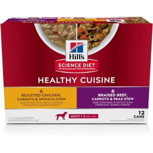 Hill’s Science Diet Healthy Cuisine, Adult 1-6, Great Taste, Wet Dog Food, Variety Pack: Roasted Chicken, Carrots & Spinach; Braised Beef , Carrots & Peas Stew, 12.5 oz Can Variety Pack, Case of 12(Variety Pack: Roasted Chicken  Carrots & Spinach; Braised Beef   Carrots & Peas Stew)