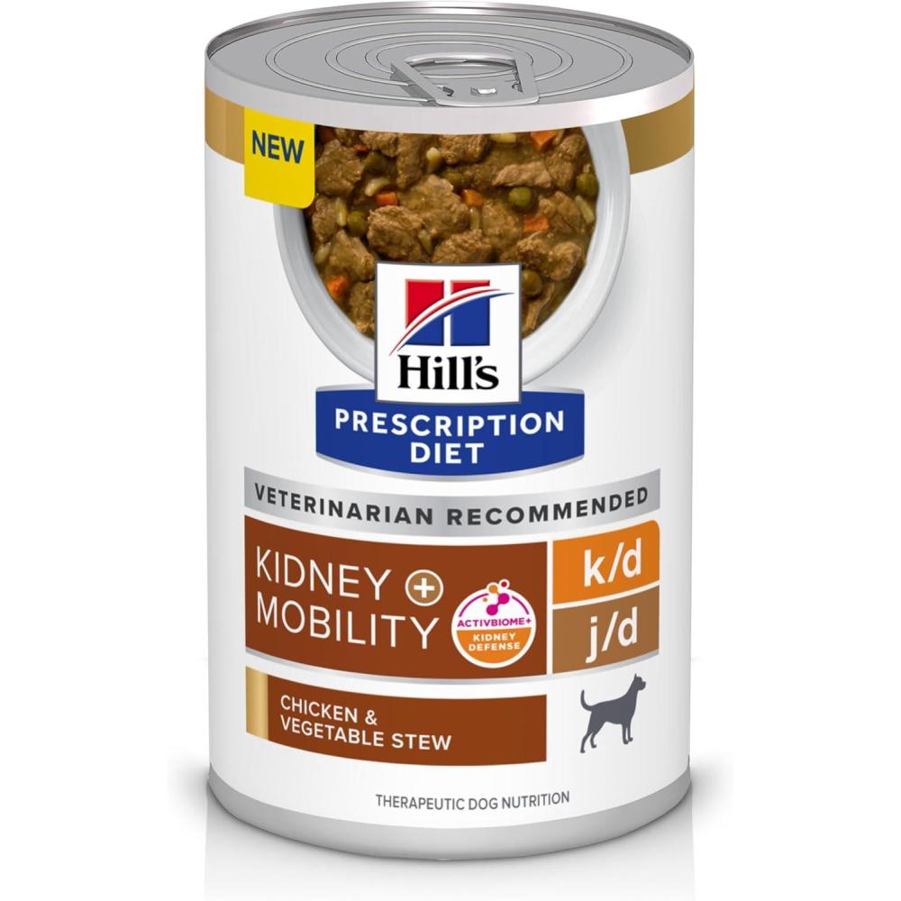 imageHills Prescription Diet kd Kidney Care  jd Joint Care Chicken amp Vegetable Stew Flavor Wet Dog Food Veterinary Diet 125 oz Cans 12PackChicken  Vegetable Stew