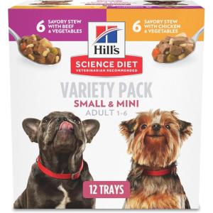 Hill’s Science Diet Adult 1-6 Small & Mini Wet Dog Food, Beef & Barley Entrée, 5.8 oz. Cans, 12-Pack(Variety Pack: Chicken & Vegetables Stew  Salmon & Vegetables Stew)
