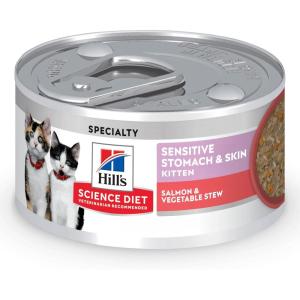 Hill’s Science Diet Sensitive Stomach & Skin, Kitten, Stomach & Skin Sensitivity Support, Wet Cat Food, Salmon & Vegetables Stew, 2.8 oz Can, Case of 24