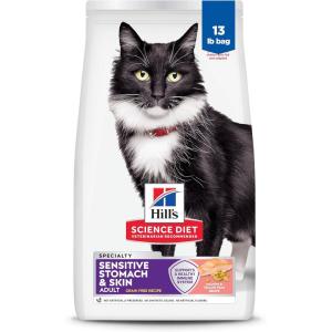 Hill’s Science Diet Adult 1-6 Sensitive Stomach & Skin Dry Cat Food, Grain Free Salmon & Yellow Peas, 13 lb. Bag (Updated Formula)